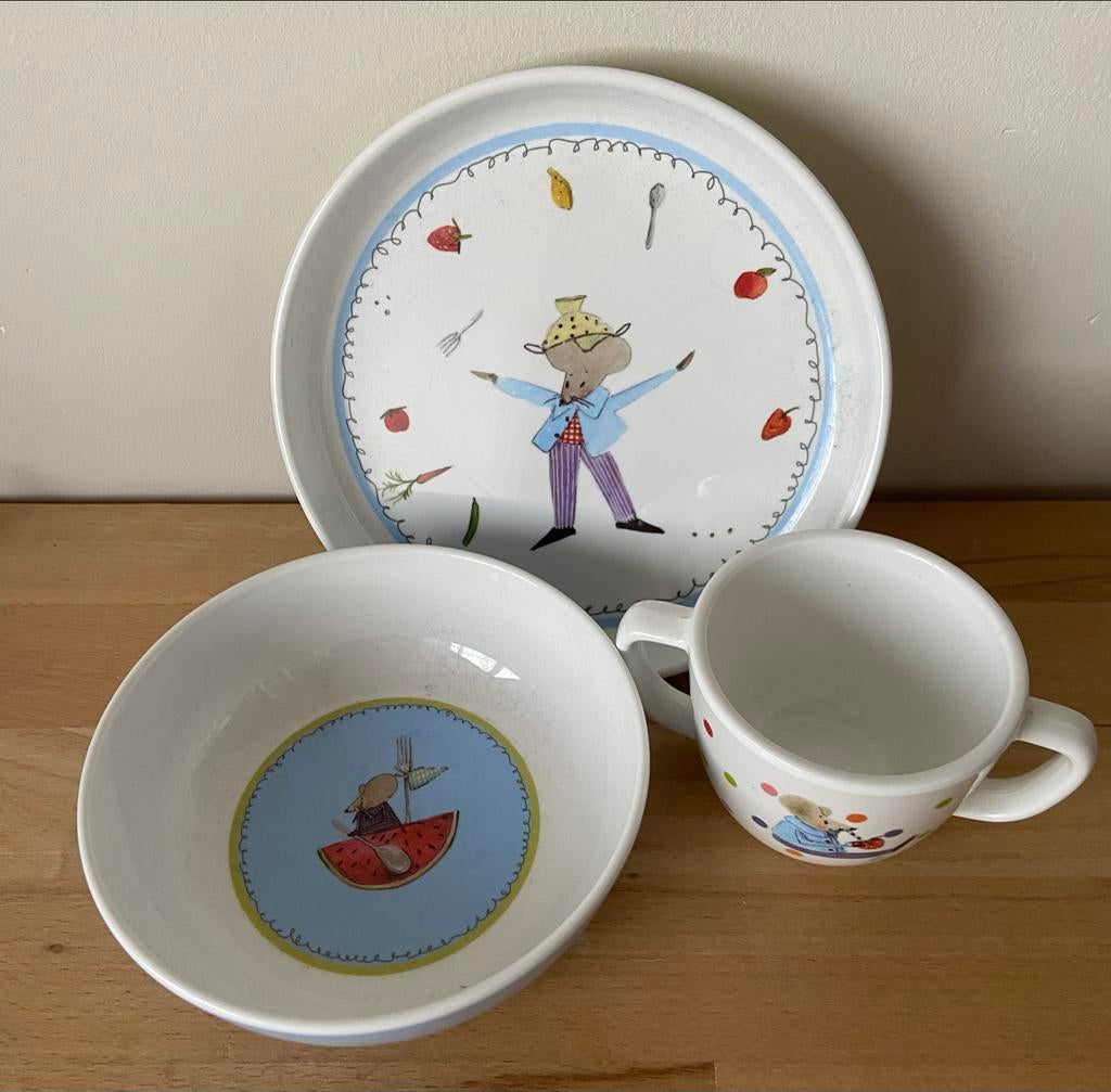 Kinder servies set: bord, kom en beker met muisjes, Ophalen, Zo goed als nieuw