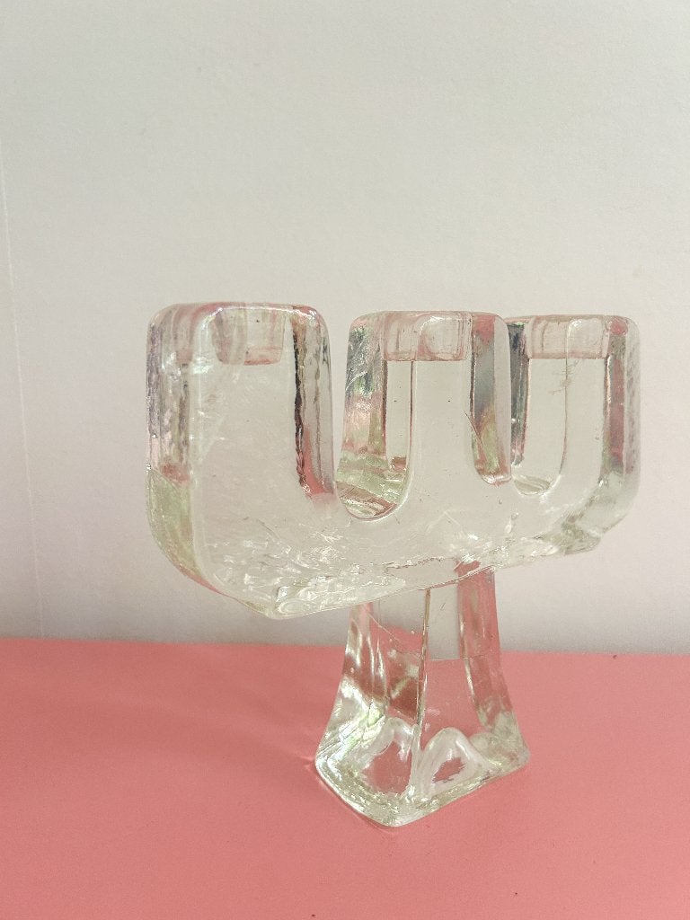 mid century glazen blok kandelaar, Overige materialen, Gebruikt, Overige kleuren, Ophalen of Verzenden