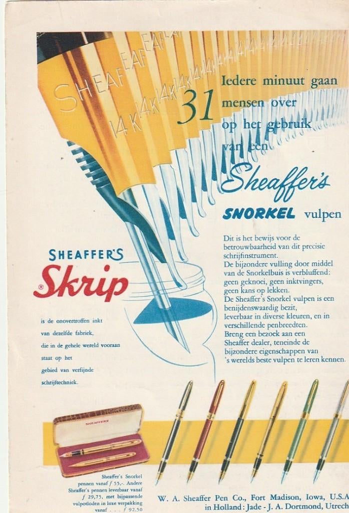 retro reclame 1955 Sheaffer's Skrip Dortmond vulpen Utrecht, Verzamelen, Retro, Verzenden, Overige typen