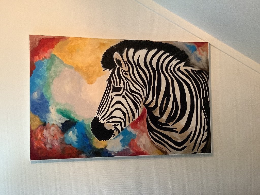Schilderij zebra met kleurrijke achtergrond, Antiek en Kunst, Ophalen, Acrylverf, Dieren, Handgeschilderd