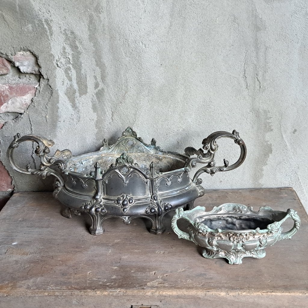 Mooie oude Franse vaas met oren jardinière koper/tin *Etage3, Gebruikt, ., Ophalen of Verzenden, .
