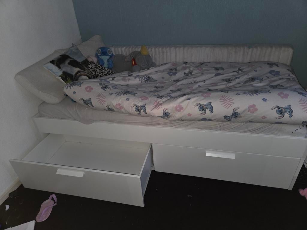 Eenpersoons bedframe met opberglades 90x200, Ophalen, 90 cm, Eenpersoons, Wit