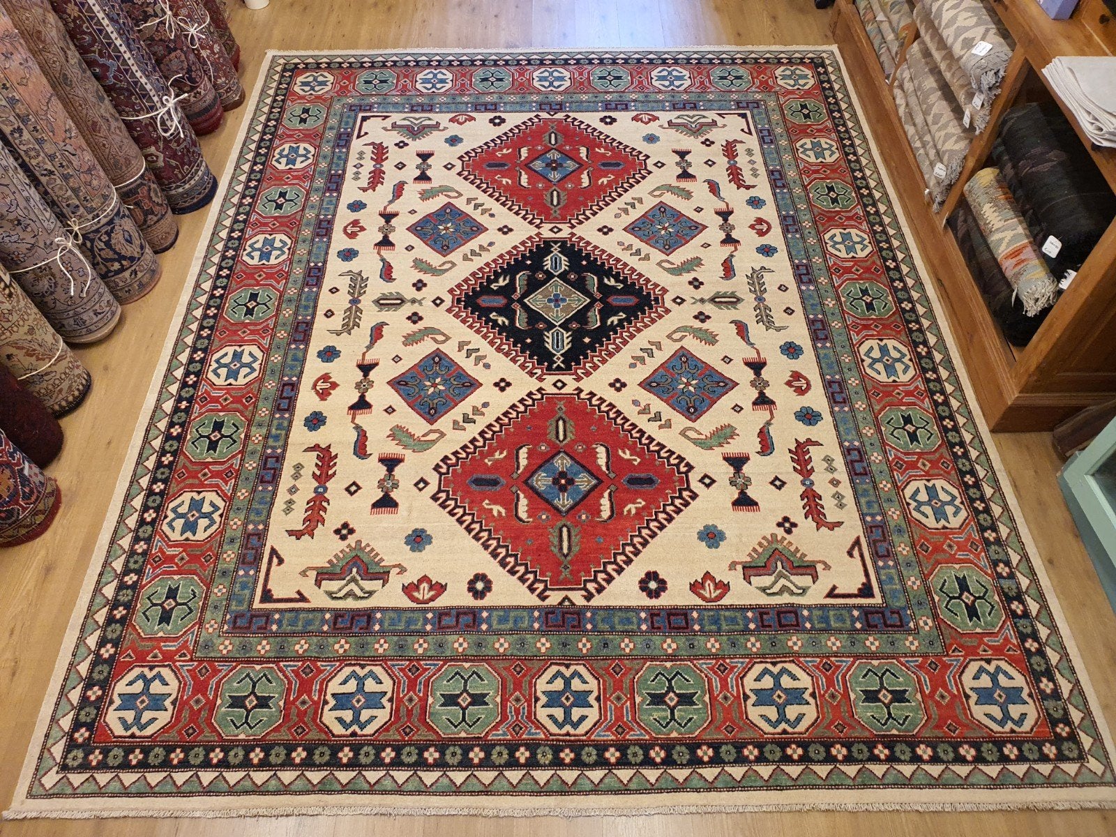 Handgeknoopt oosters tapijt kazak 302x246, Huis en Inrichting, Stoffering | Tapijten en Kleden, Perzisch, Vof Slats Antiek, 200 cm of meer