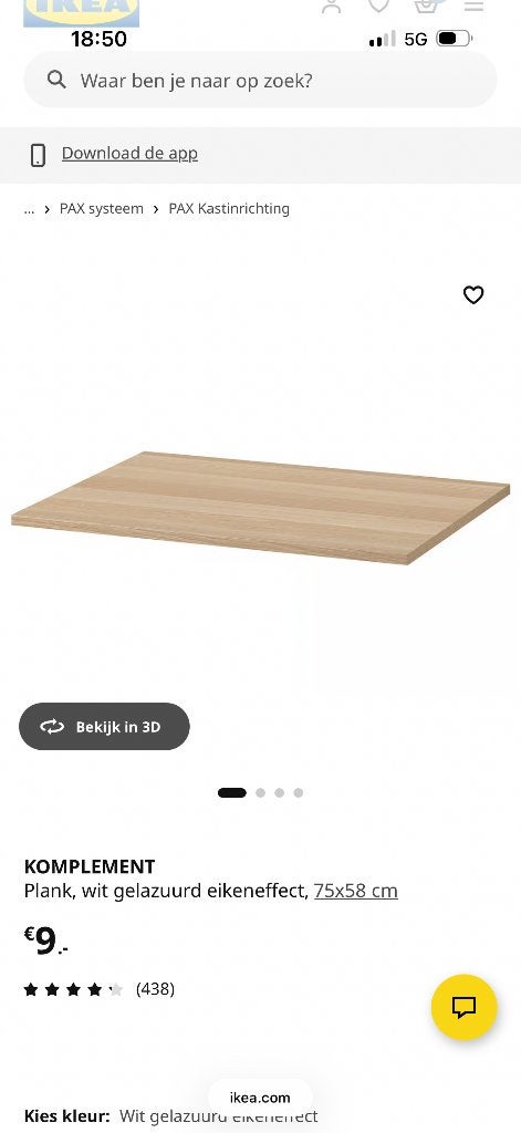 Ikea KOMPLEMENT Plank, wit eiken 75x58 cm pax 3 stuks, Ophalen, Met plank(en), 50 tot 100 cm, Zo goed als nieuw
