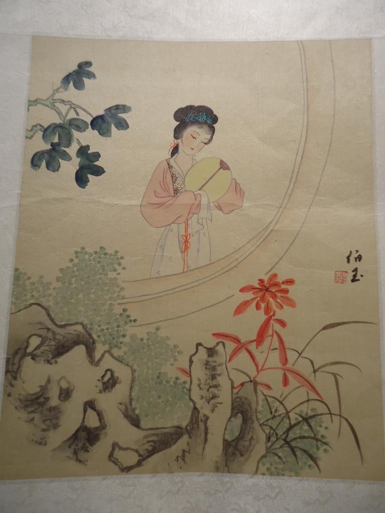 oud Chinees schilderij op zijde hofdame met waaier, lingbi, Antiek en Kunst, Kunst | Niet-Westerse kunst, Ophalen of Verzenden