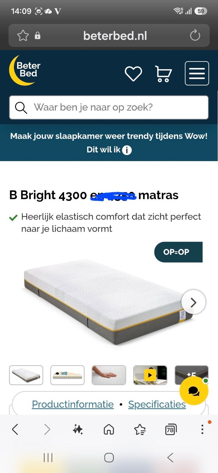 gezocht: B Bright 4300 PG Matras, Ophalen, Zo goed als nieuw, 200 cm, Matras