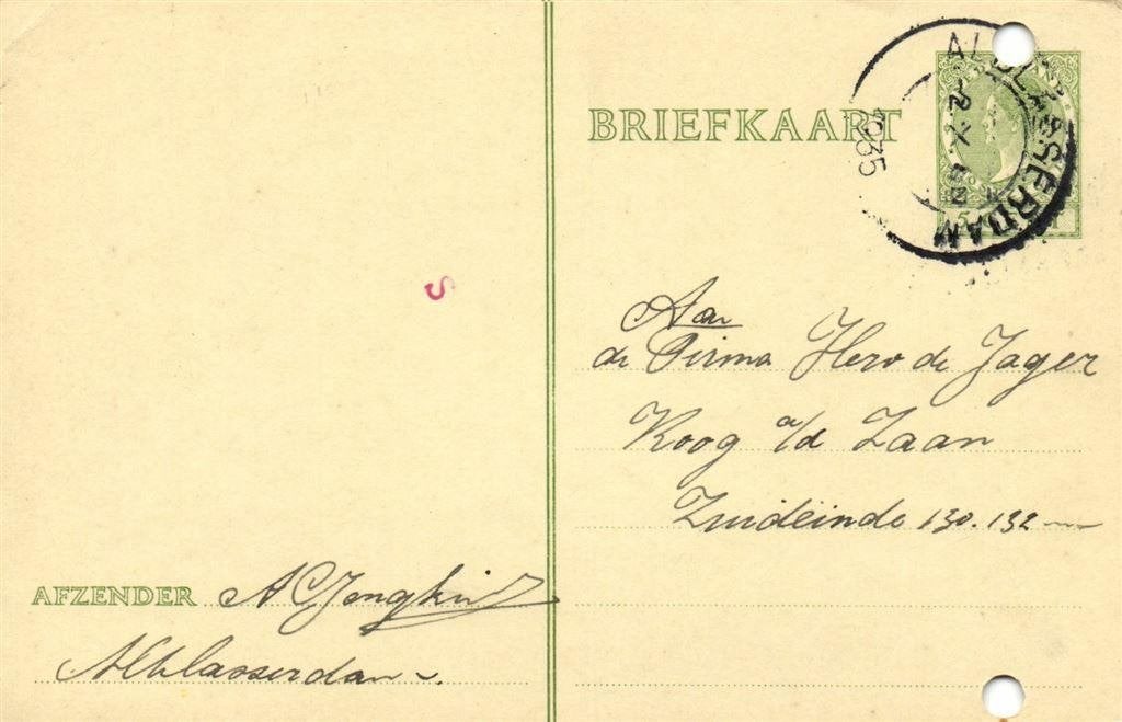 A.C. Jongkind, Alblasserdam - 10.1935 - briefkaart, Postzegels en Munten, Ophalen of Verzenden, Briefkaart