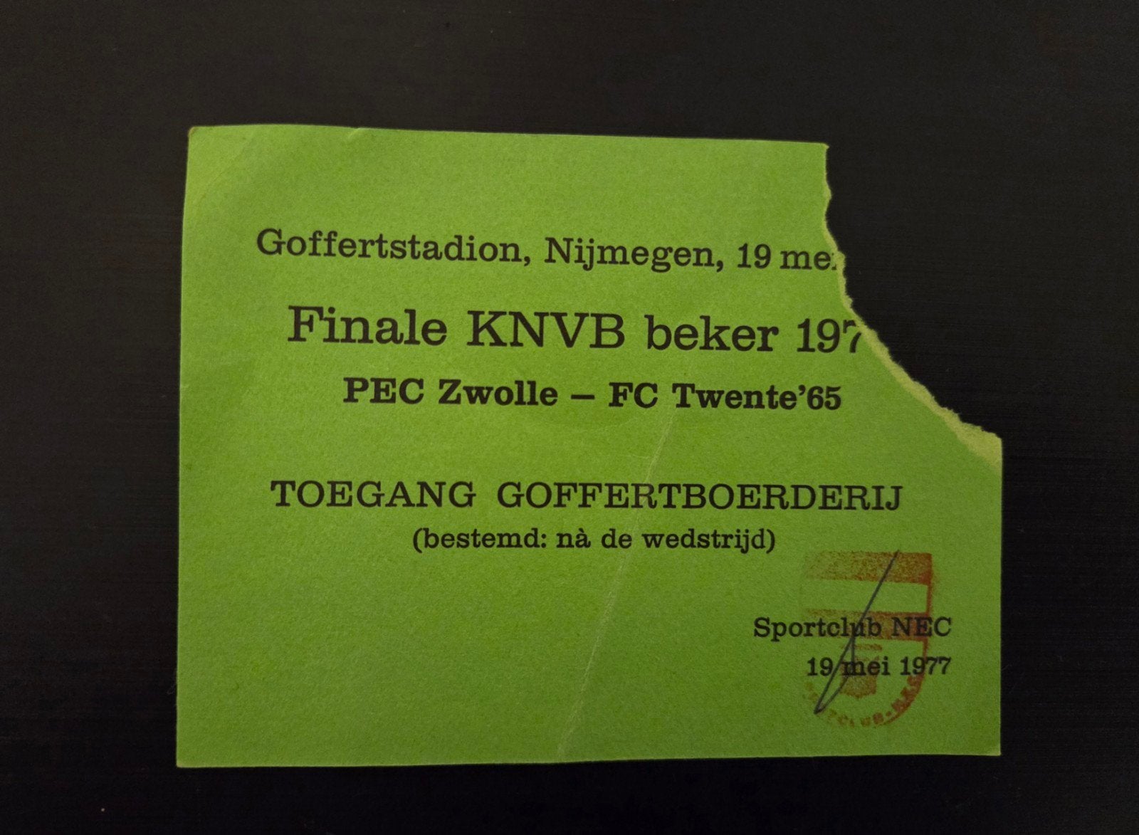 Voetbal entree ticket FINALE KNVB BEKER 1977 TWENTE PEC ZWOL, Ophalen of Verzenden, Overige binnenlandse clubs, Overige typen