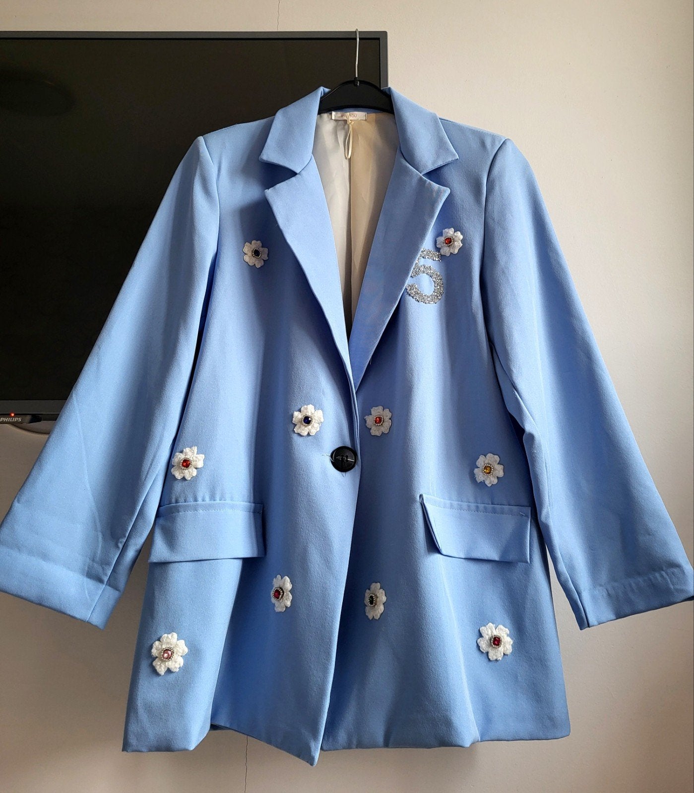 Prachtige Lichtblauwe Oversized Blazer BOEBOU Bloemen Strass, Made in Italy, Blauw, Maat 46/48 (XL) of groter, Nieuw