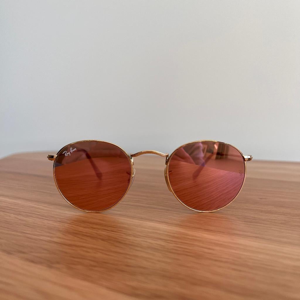 Gouden/Roze Ray-Ban Round Metal zonnebril, maat 47-21, Zonnebril, Ophalen of Verzenden, Zo goed als nieuw, Ray-Ban
