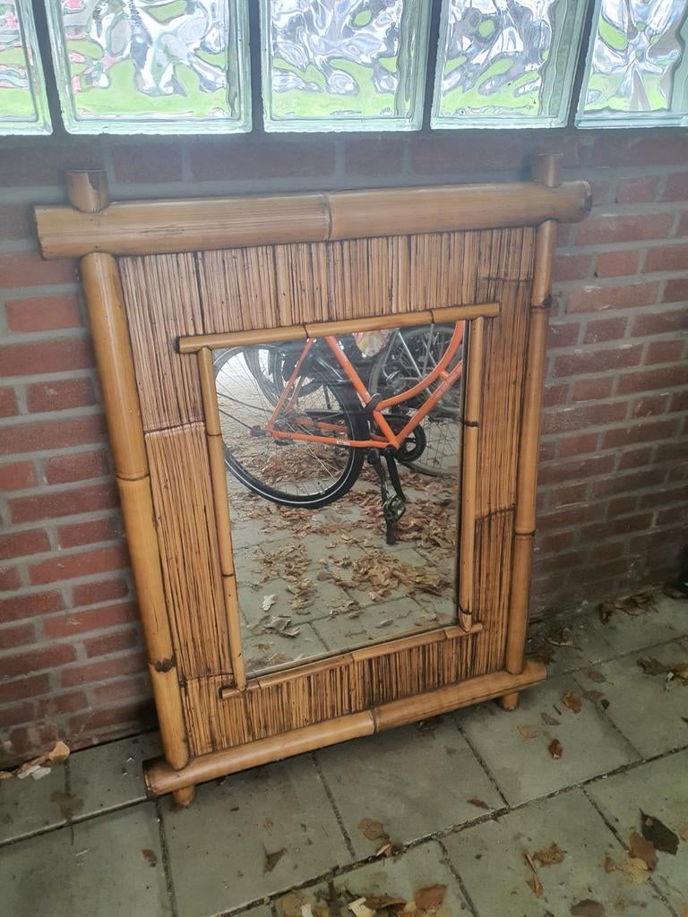 Vintage bamboe spiegel - rechthoekig, Ophalen of Verzenden, Rechthoekig, 50 tot 100 cm, 100 tot 150 cm