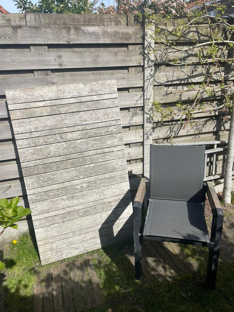 Tuinset 4 stoelen en tafel aluminium teak 152x90cm, Ophalen, Gebruikt, Rechthoekig, Aluminium