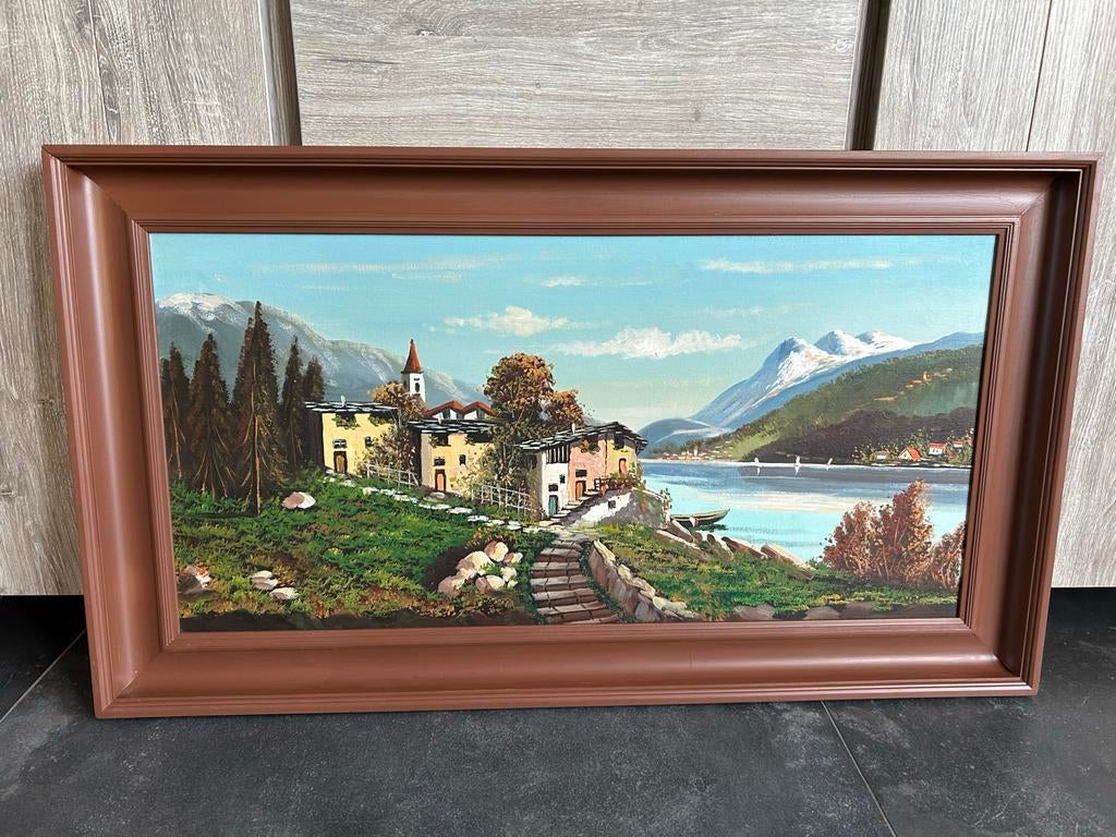 Schilderij landschap, dorpje (95x45cm) gesigneerd vos, Ophalen