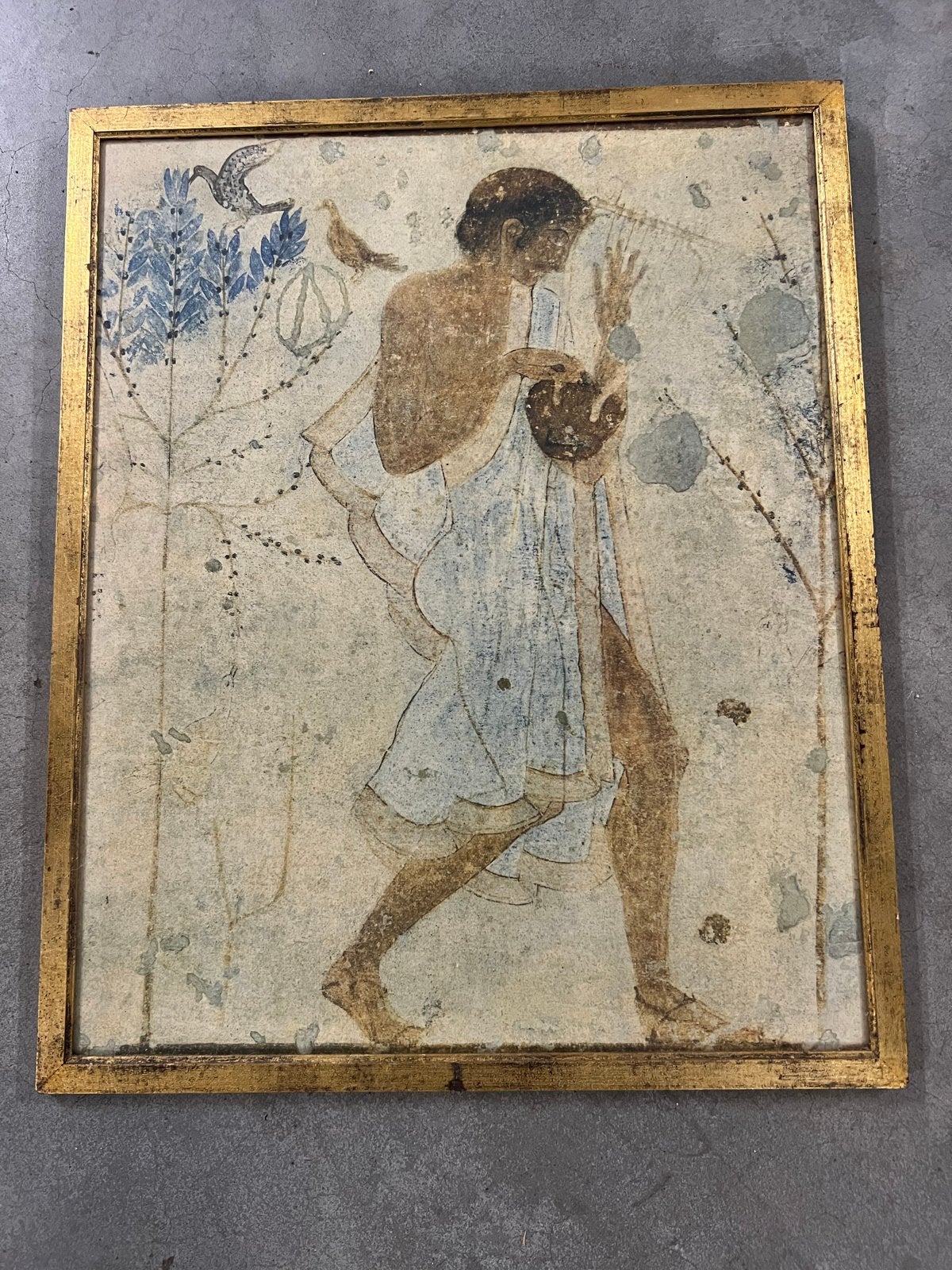 Klassiek schilderij: Figuur met lier en vogels, Antiek en Kunst, Portret of Personen, Ophalen of Verzenden, Klassiek, Papier