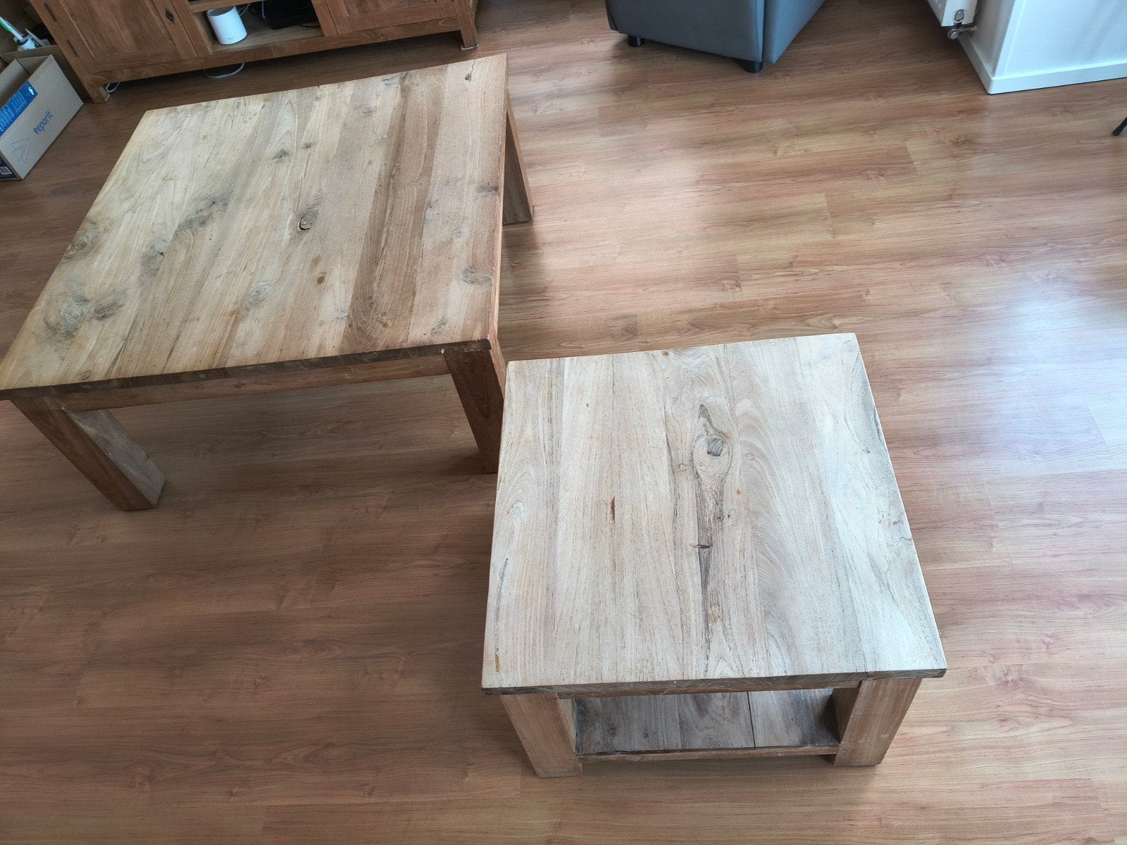 Set van 2 massief houten salontafels, Ophalen, Gebruikt, 50 tot 100 cm, 50 tot 100 cm