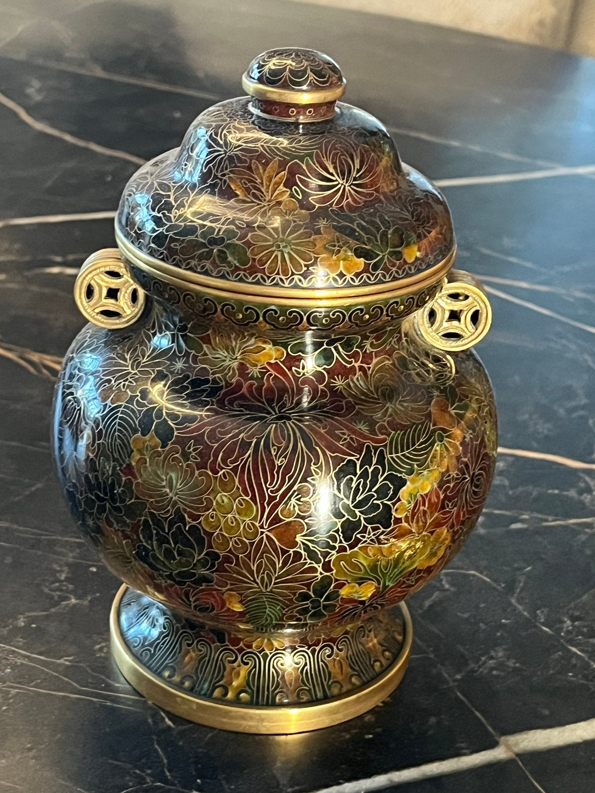 Cloisonné vaas/pot met deksel, 16 cm, geëmailleerd koper, Antiek en Kunst, Ophalen of Verzenden