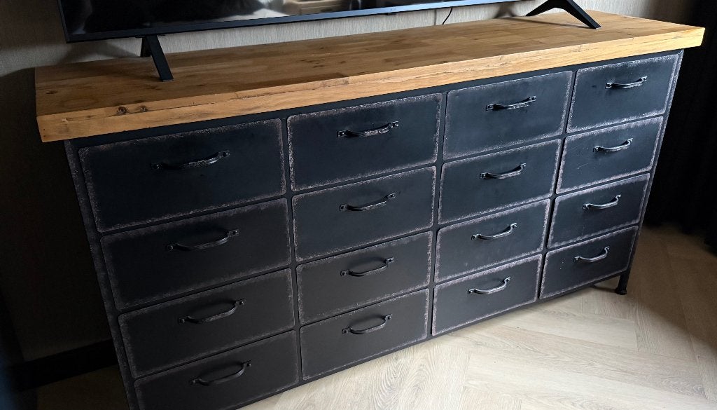 Industrieel Rootsmann Dressoir – Ladekast met 16 lades, Huis en Inrichting, Kasten | Ladekasten, Ophalen, Grenenhout, Gebruikt