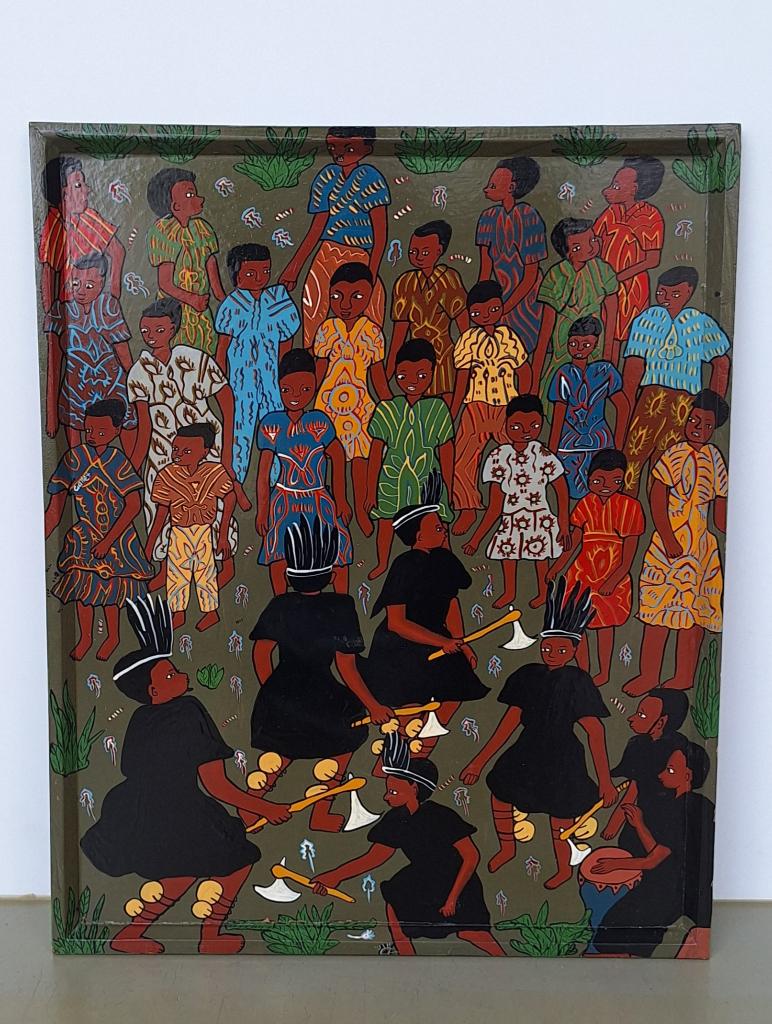 Afrikaans schilderij op panaal Mhande dance Zimbabwe 42x52cm, Ophalen of Verzenden
