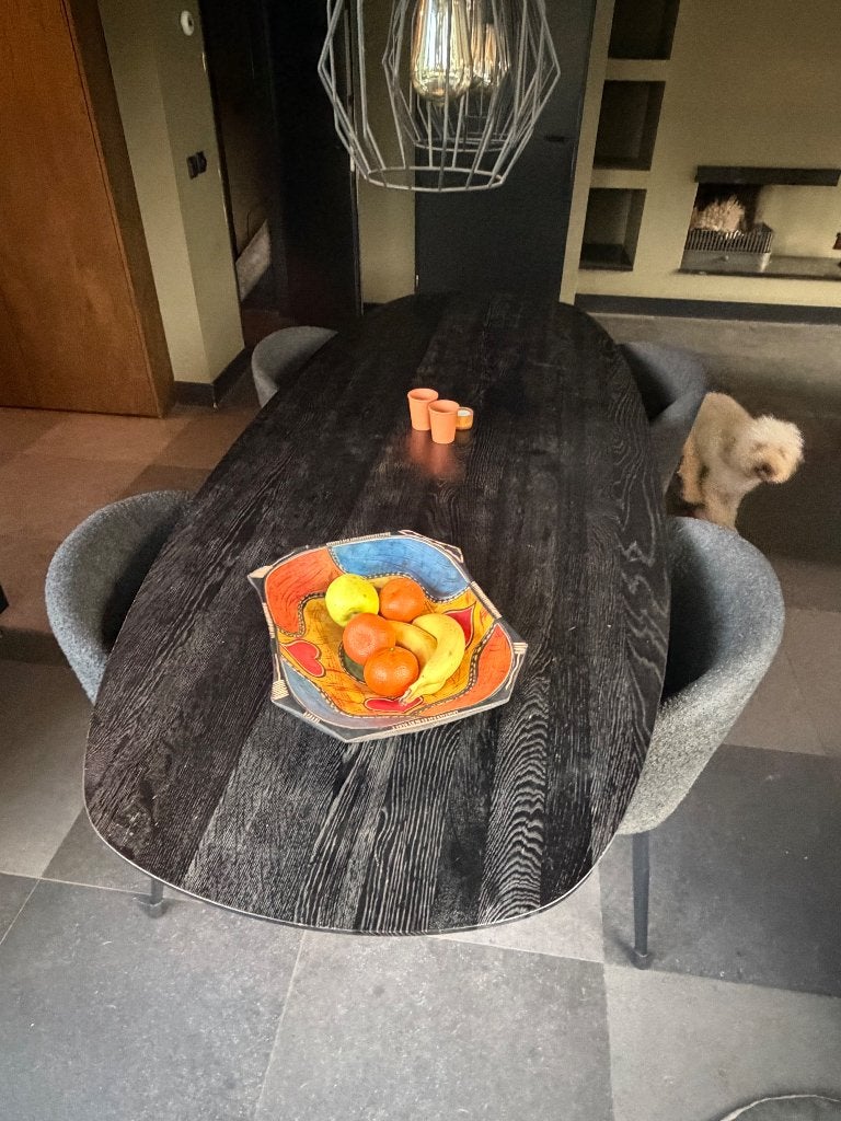 Moderne ovale eettafel met 4 stoelen, Ophalen, Zo goed als nieuw, Modern, industrieel, 4 tot 6 stoelen