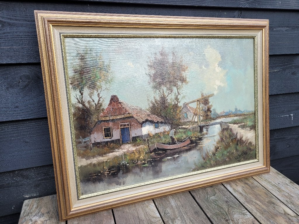 Doek 'Boerderij aan het water' gesigneerd r.o. v.d. Berg, Ophalen