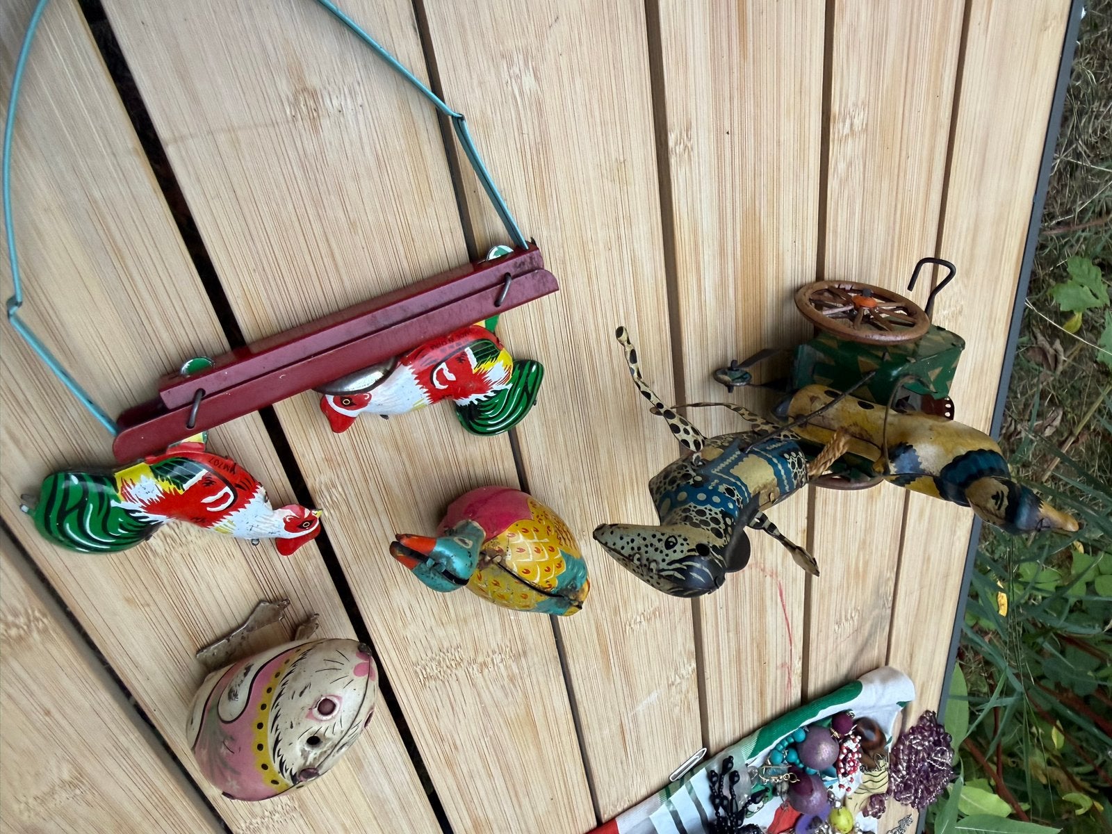 Vintage blikken speelgoed: paard en wagen, eend, haan, Antiek en Kunst, Ophalen of Verzenden