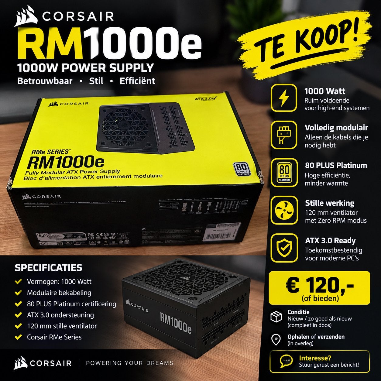 Corsair RM1000e weinig gebruikt, Ophalen, Nieuw