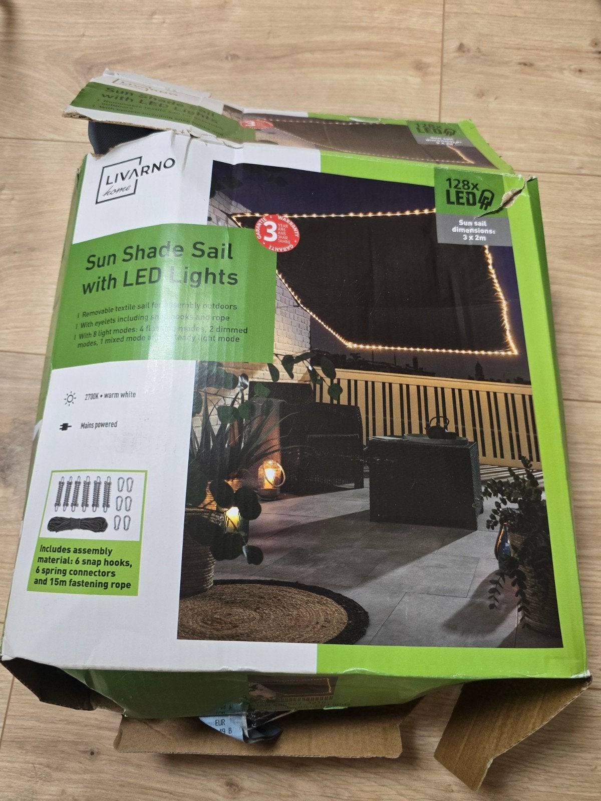 LIVARNO Home Zonnescherm met LED-verlichting 3x2m, Ophalen, Minder dan 4 meter, Nieuw, Minder dan 5 meter