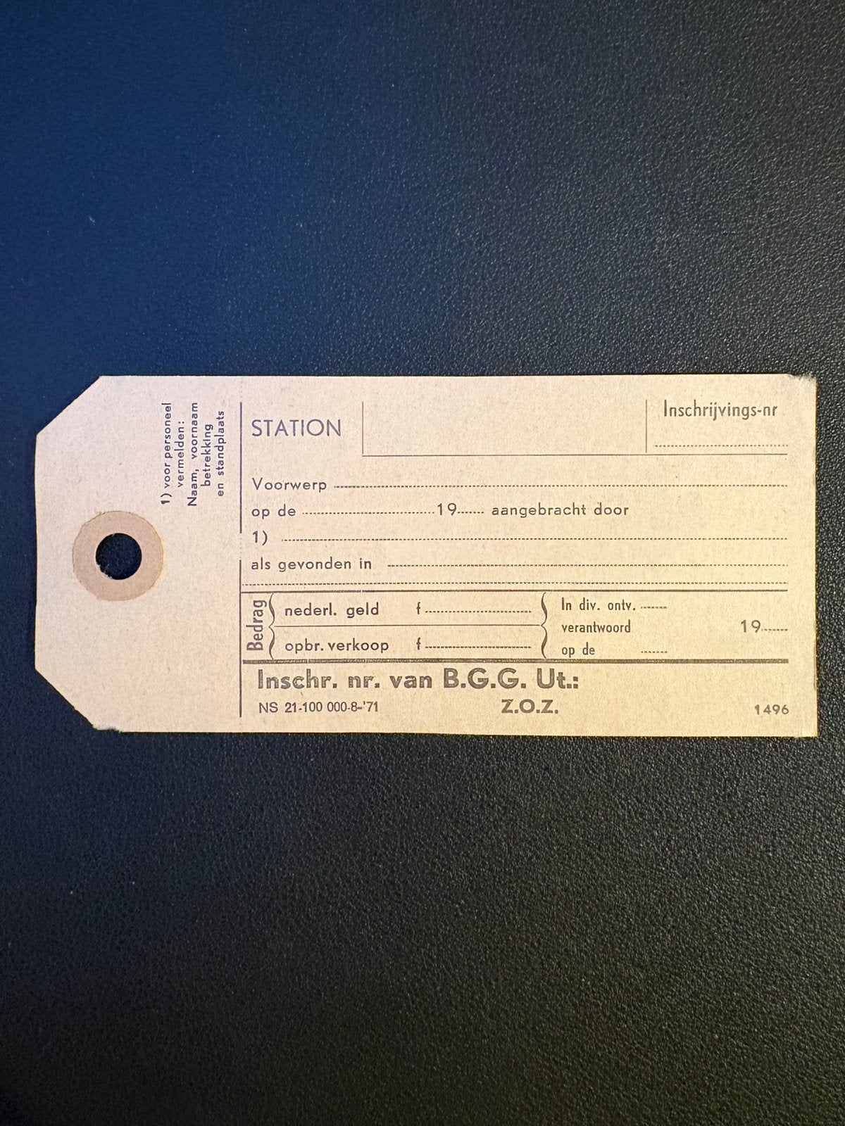 Blanco label NS ‘Gevonden voorwerpen’ BGG Utrecht (1971), Ophalen of Verzenden, Zo goed als nieuw, Trein