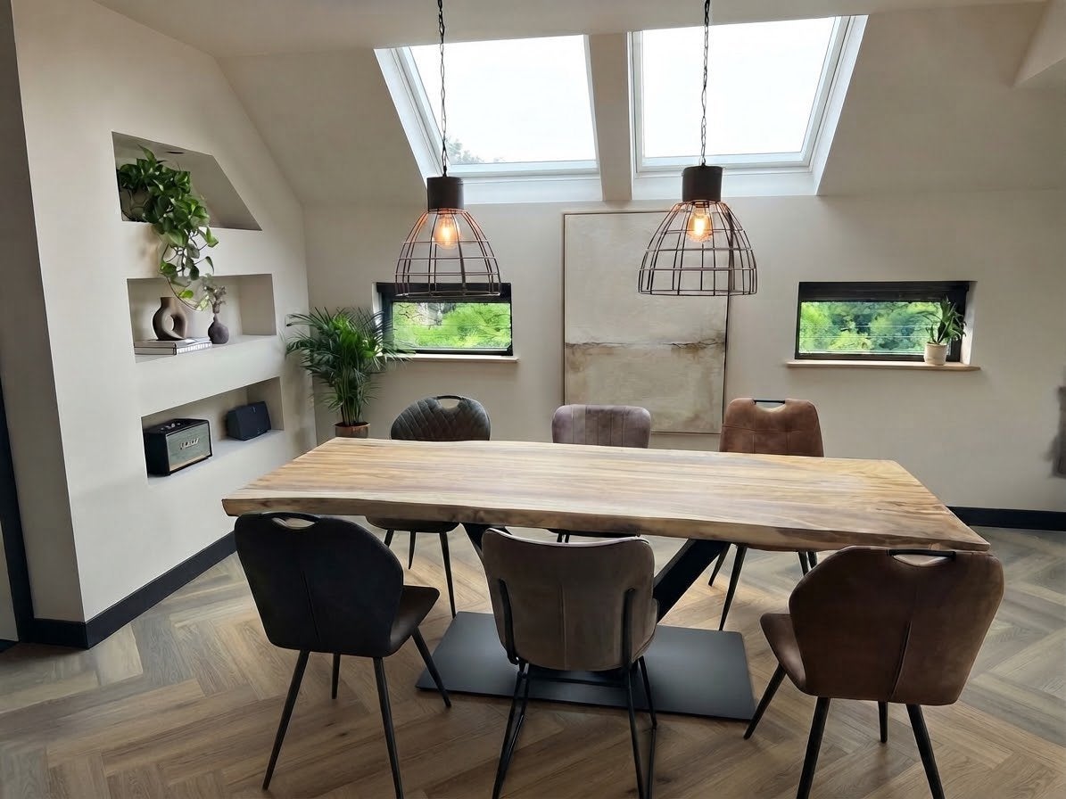 Eetkamerset – Suar boomstamtafel, 6 stoelen & 2 hanglampen, Ophalen