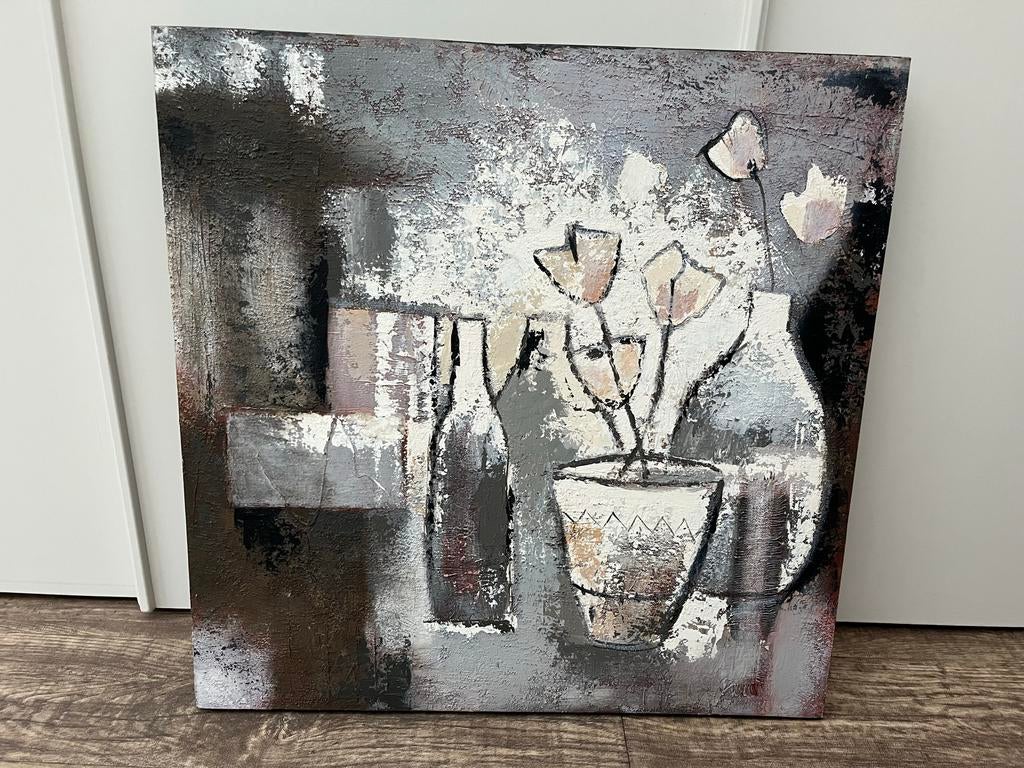 Handgeschilderd Schilderij 100x100 cm - Bruintinten, Antiek en Kunst, Kunst | Schilderijen | Abstract, Ophalen of Verzenden