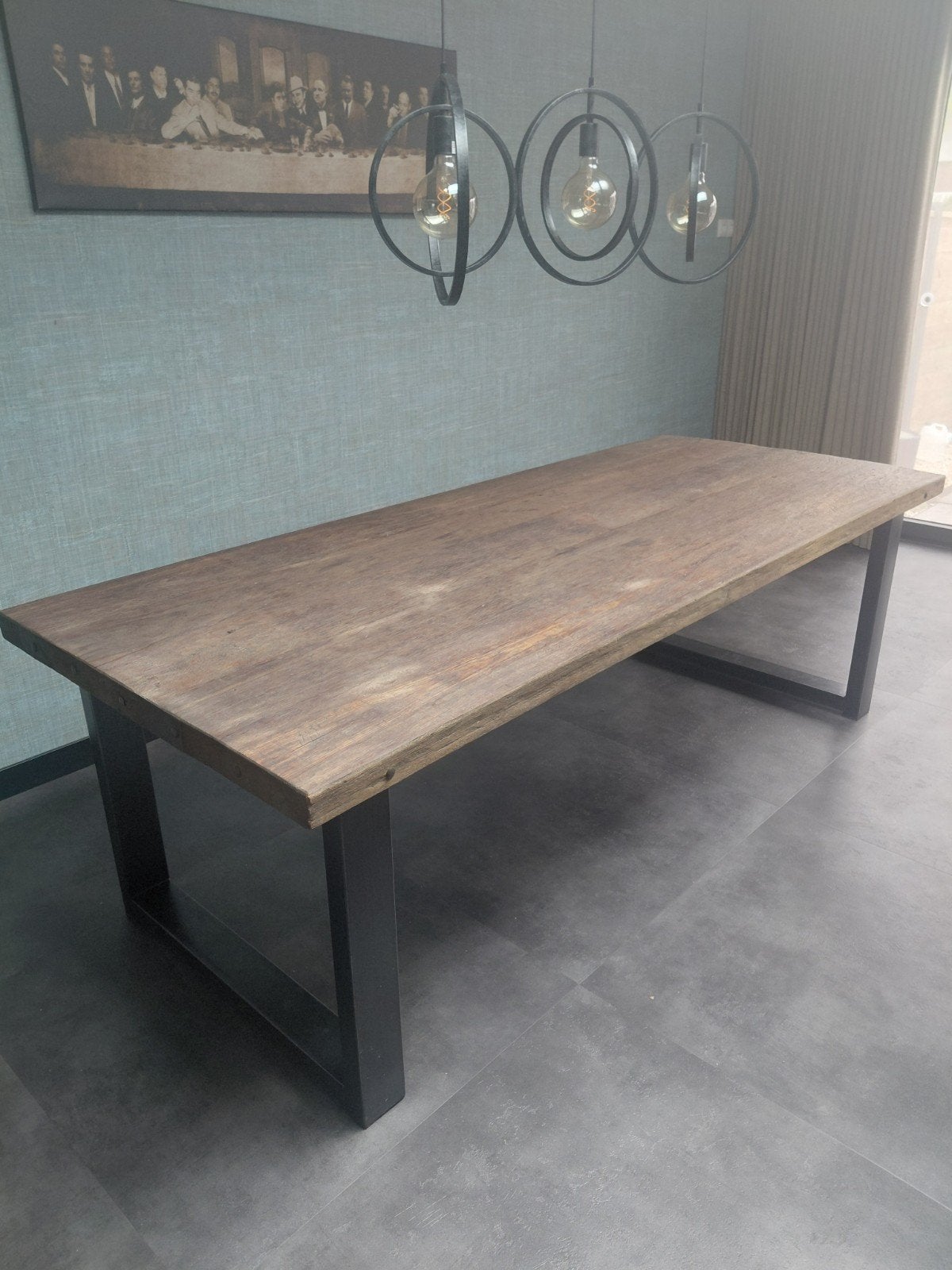 Robuuste eettafel van wagonhout met stalen poten - 240x100cm, Huis en Inrichting, Tafels | Eettafels, Gebruikt, 100 tot 150 cm