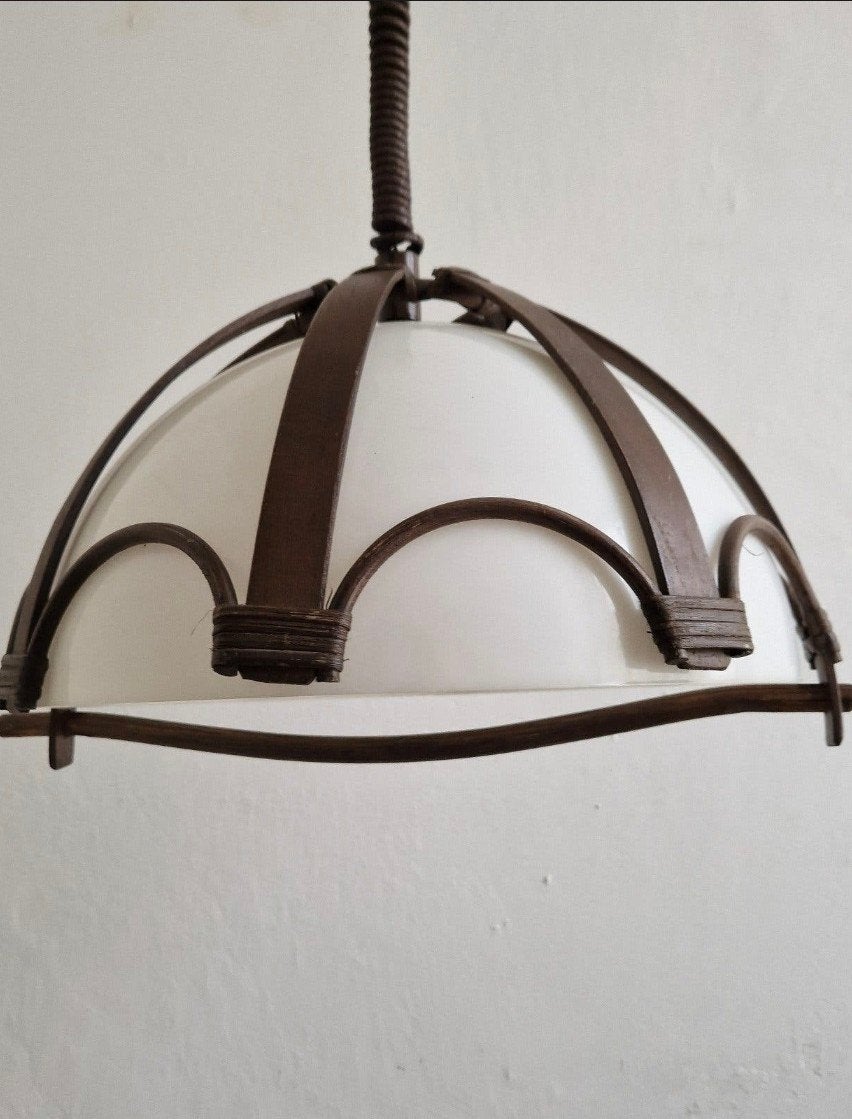 Vintage hanglamp met mooie kap en hout mushroom design, Huis en Inrichting, Ophalen of Verzenden