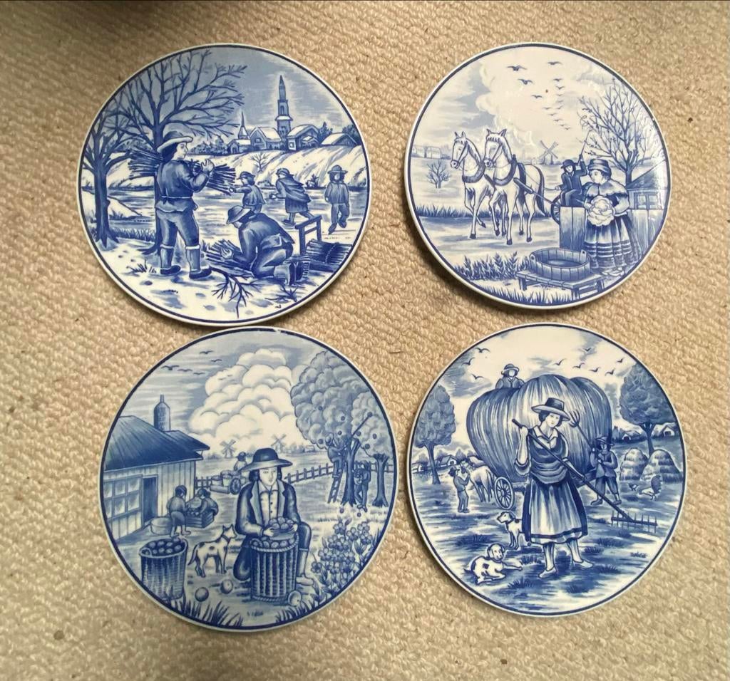 Set van 4 Delfts Blauwe Handwerk sierborden, Ophalen of Verzenden