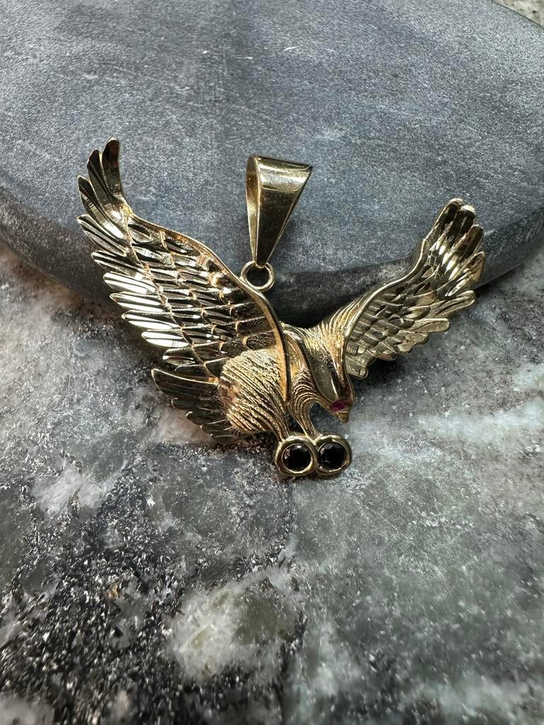 14k Gouden Adelaar Hanger met Onyx en Robijnen, Gebruikt, Ophalen of Verzenden, Met edelsteen, Goud