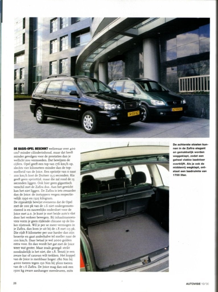 Autovisie dubbeltest Kia Joice en Opel Zafira Mei 2000, Ophalen of Verzenden, Gelezen, Opel