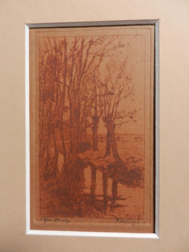 Ets Sloot met knotwilgen Pieter de Regt (1877-1960) hxb 10x6, 10 cm, Met tekst, Ets, Ophalen of Verzenden