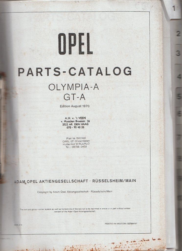 Opel Olympia-A/GT-A-PARTS-Catalog-1970, Ophalen of Verzenden