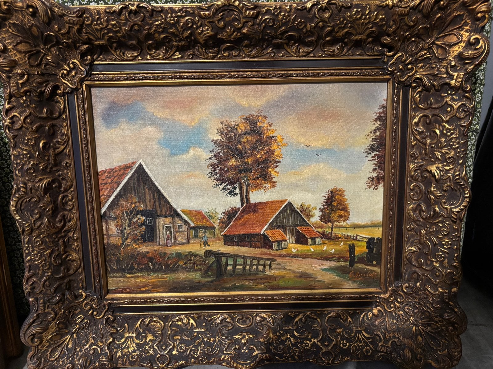 Olieverfschilderij Boerderijlandschap met kippen, Antiek en Kunst, Ophalen, Doek, Gesigneerd, Landschap