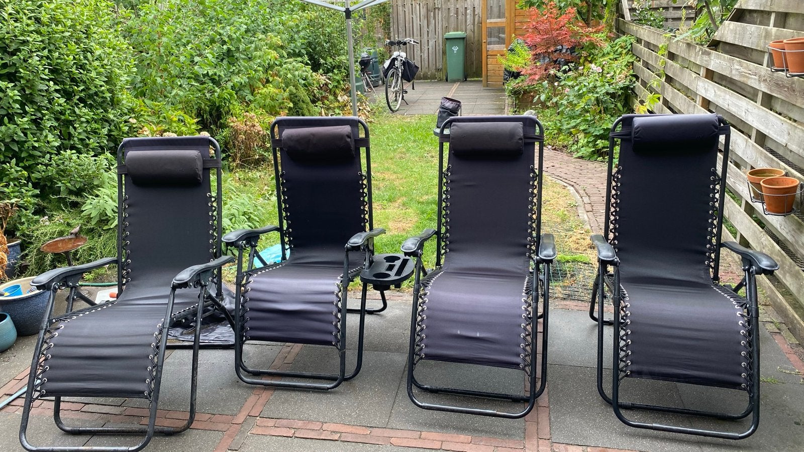 4 Tuinstoelen met bekerhouders, Tuin en Terras, Tuinstoelen, Ophalen, Gebruikt, Metaal, Verstelbaar
