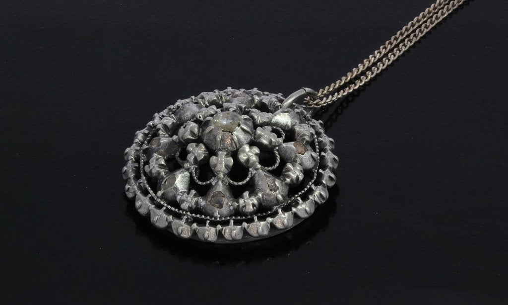 Diamanten antieke hanger zilveren gourmet ketting dames, Ophalen of Verzenden, Zilver, Ketting, Met edelsteen