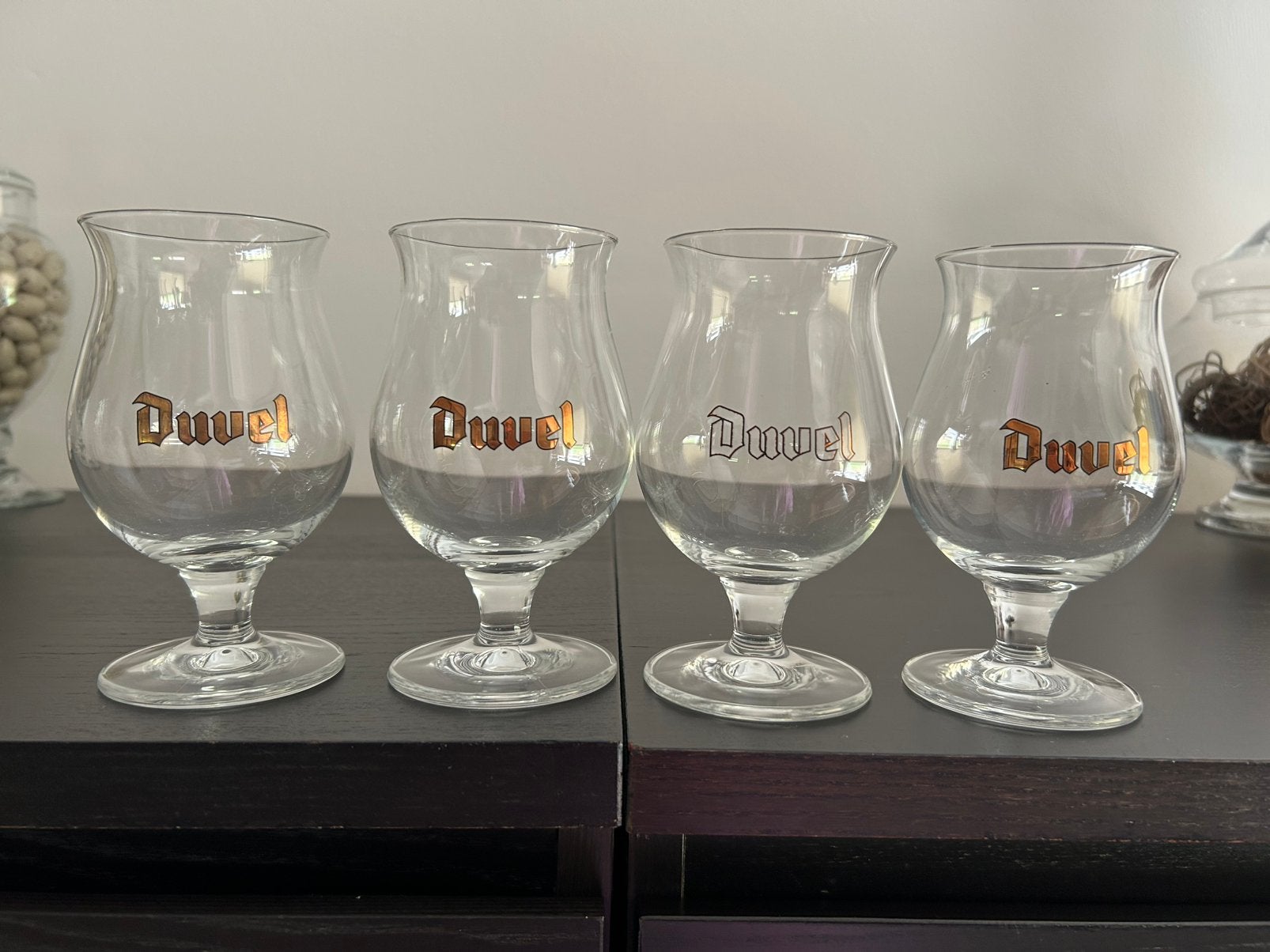 4 kleine Duvel glazen, Verzamelen, Biermerken, Ophalen of Verzenden, Zo goed als nieuw, Glas of Glazen, Duvel
