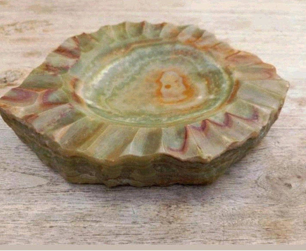 Vintage Onyx Asbak - Groen/Bruin Natuursteen, Ophalen of Verzenden
