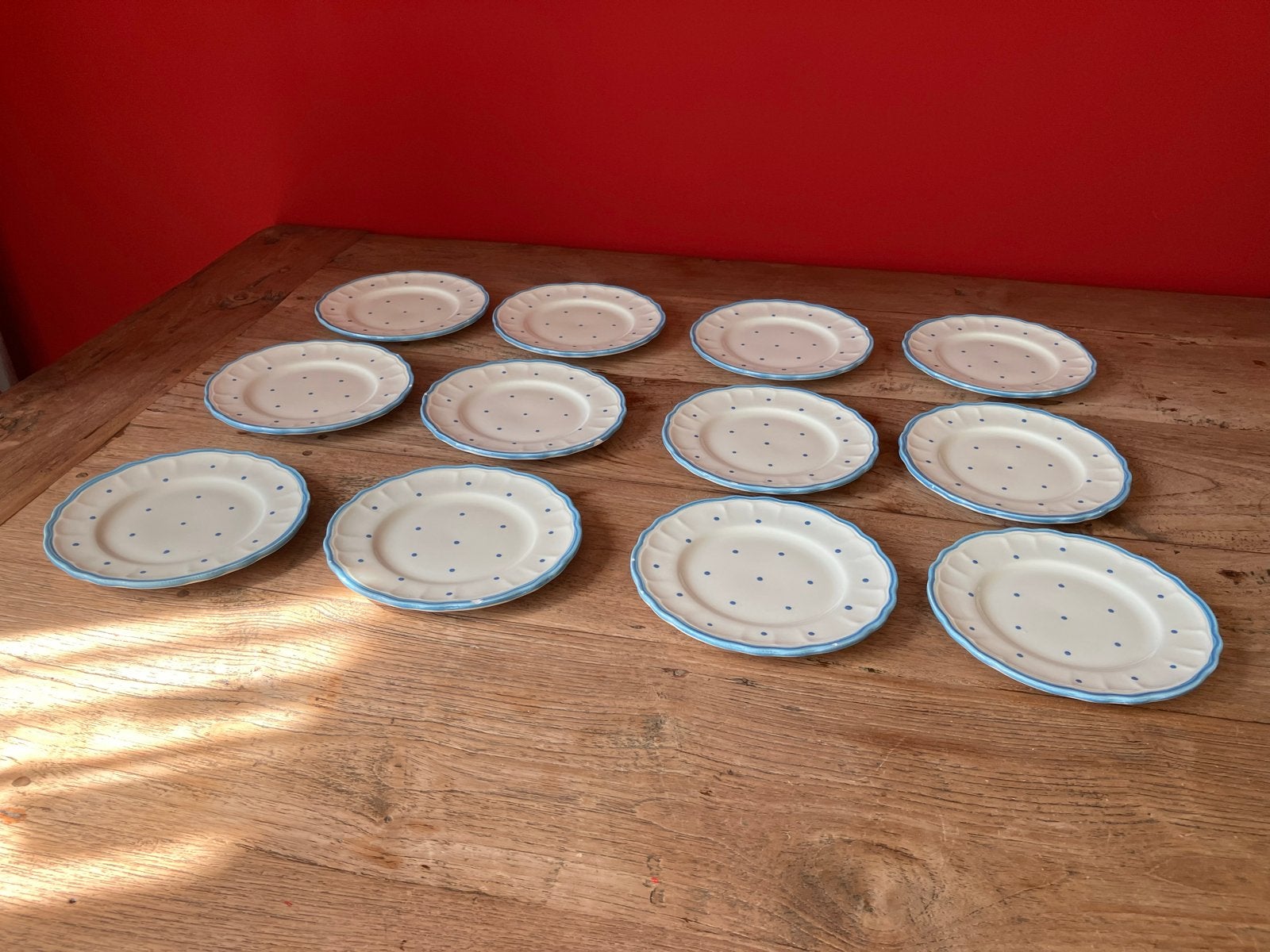 Set van 12 vintage borden met blauwe stippen, Ophalen of Verzenden