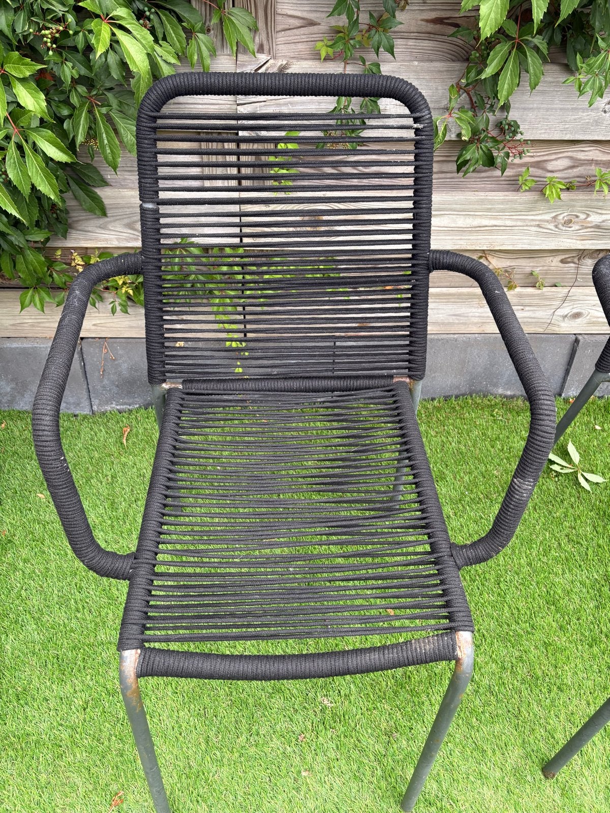 Zwarte tuintafelstoelen met touwdesign - Set van 6, Tuin en Terras, Tuinstoelen, Ophalen, Gebruikt, Metaal, Stapelbaar