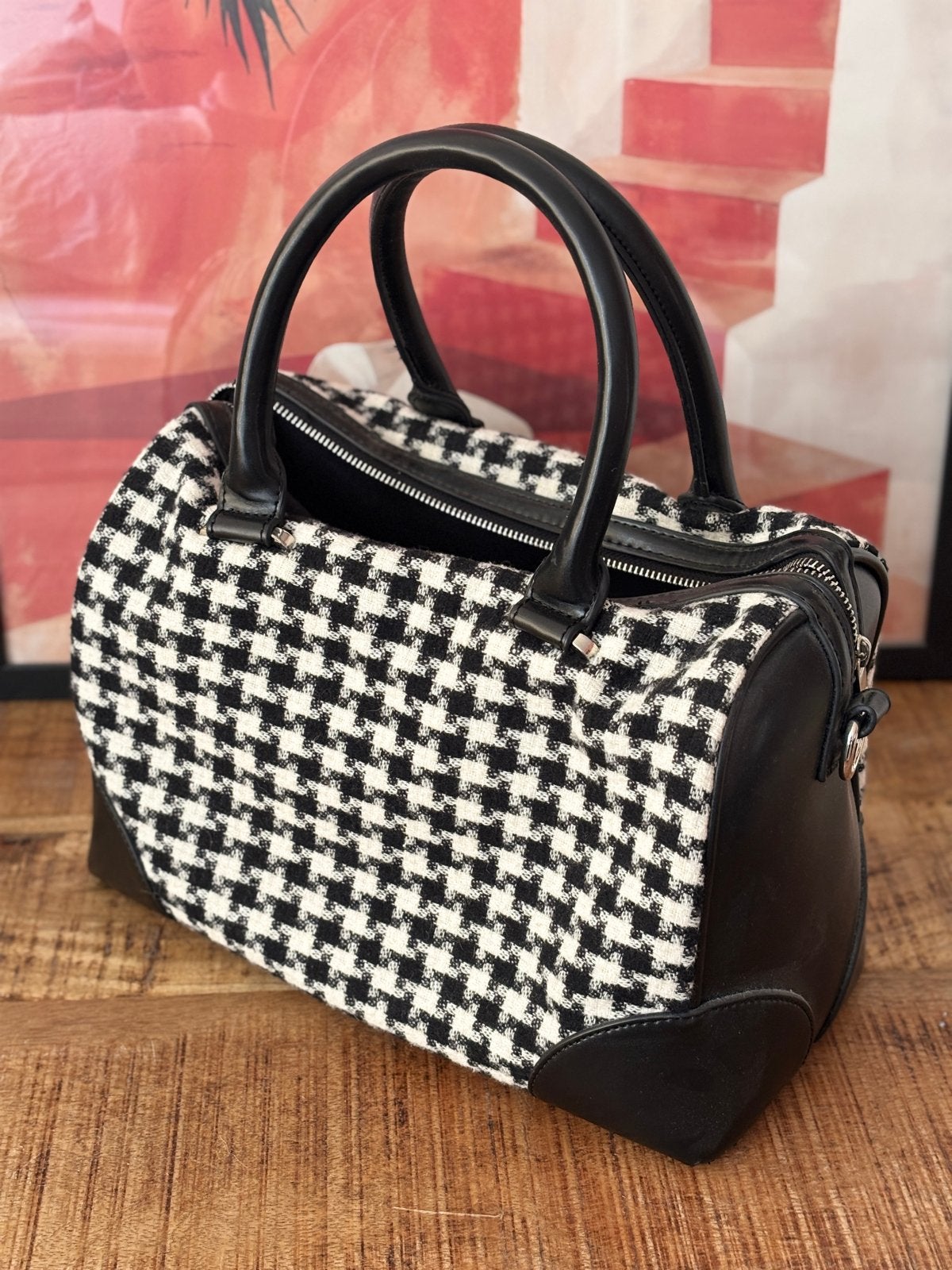 Liv tas met pied de poule patroon, Ophalen, Gebruikt, Zwart, Handtas
