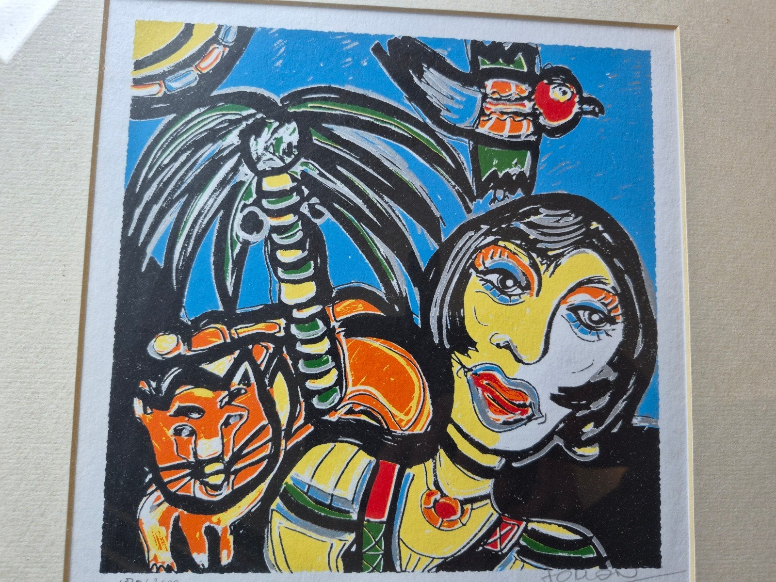 Fabian - Kleurrijke Zeefdruk met Vrouw, Kat en Vogel, Antiek en Kunst, Ophalen of Verzenden