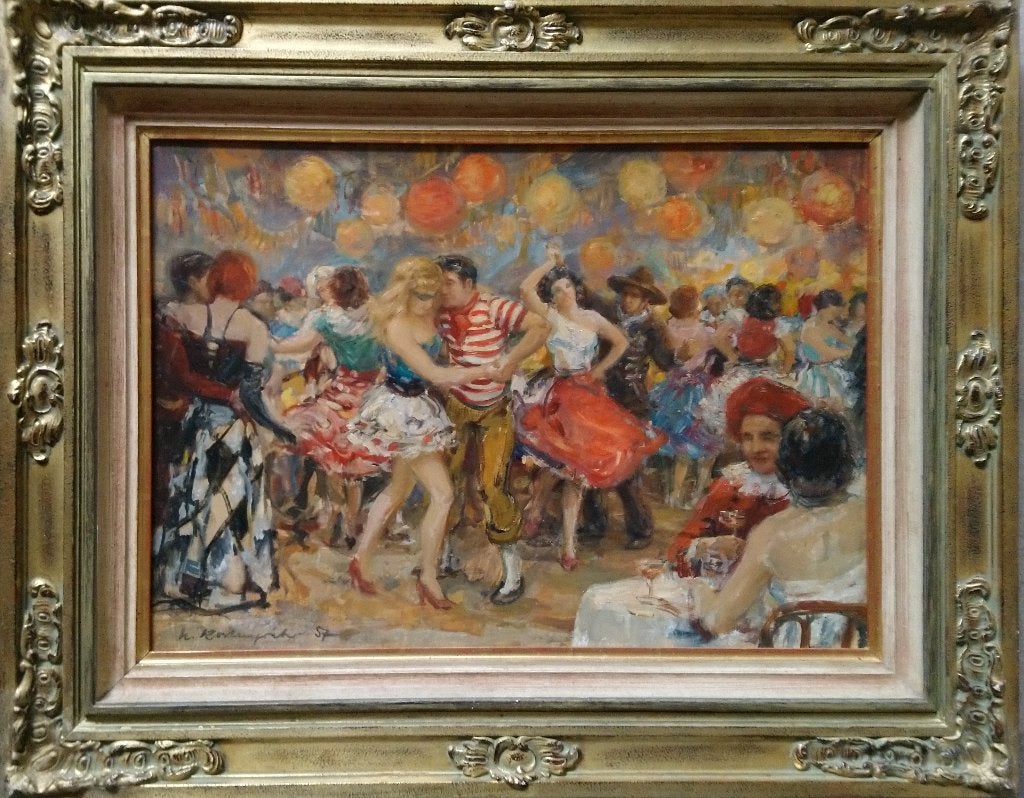 WIE KENT DE SIGNATUUR ? ==gedateerd 1957== GEMASKERD BAL, Antiek en Kunst, Kunst | Schilderijen | Klassiek, Ophalen of Verzenden