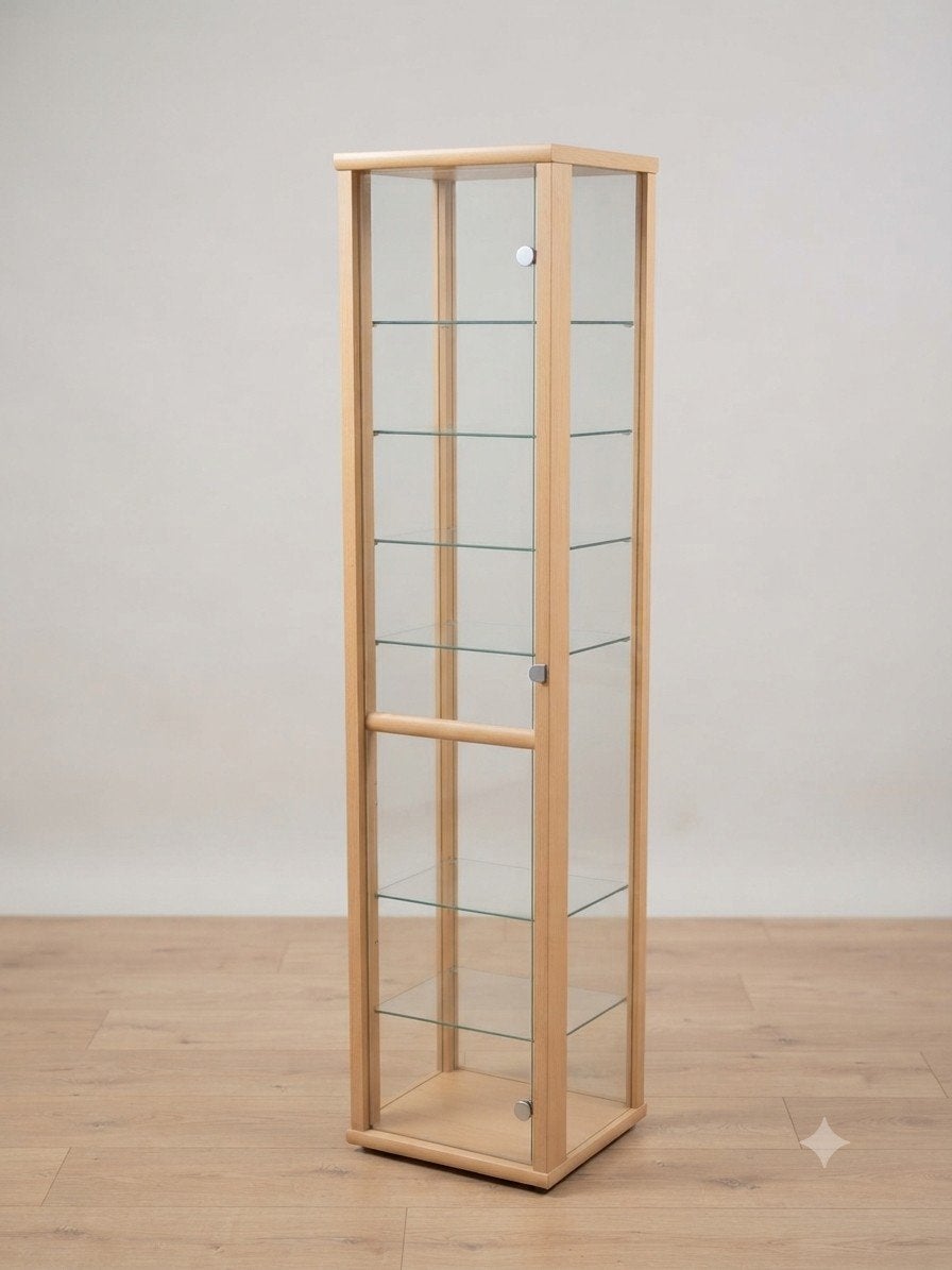 Glazen vitrinekast met houten frame en planken, Minder dan 50 cm, Met deur(en), Overige houtsoorten, Ophalen of Verzenden