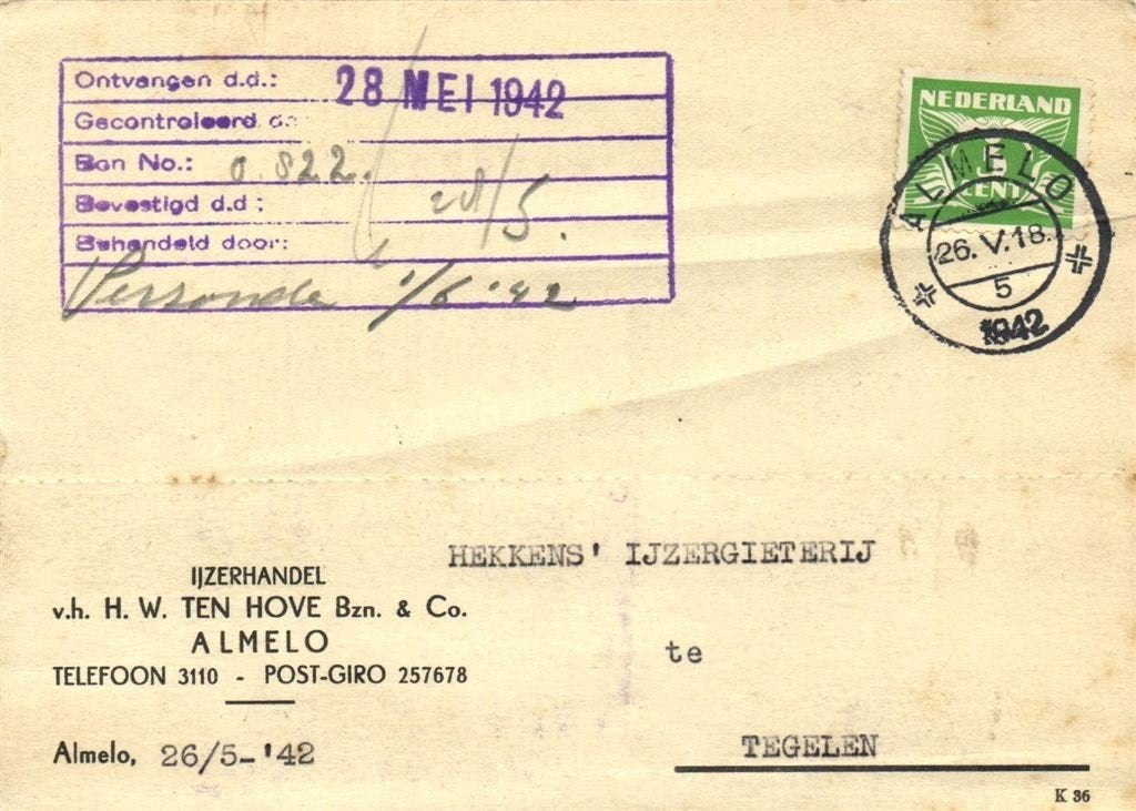 v.h. H.W. ten Hove Bzn. + Co., Almelo - 05.1942 - briefkaart, Ophalen of Verzenden, Briefkaart
