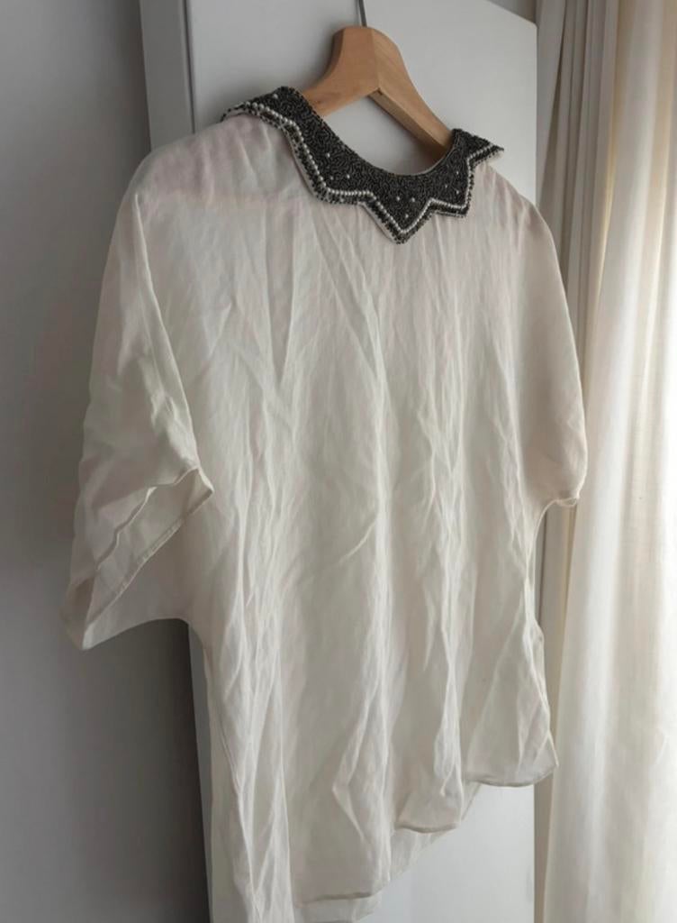 Zara witte top/blouse, kraaltjes kraag pareltjes maat S/M, Maat 38/40 (M), Wit, Nieuw, Ophalen of Verzenden